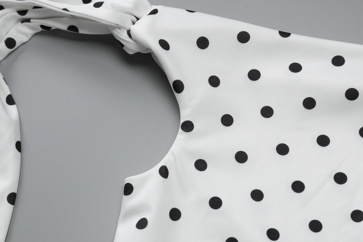 Women Clothing Spring Summer Sexy Polka Dot Printed Shoulder Lace up Slim Fit Hip Bag Dress