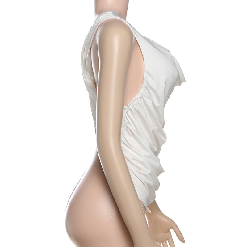 Spring Women Clothing Solid Color Sexy Pile Collar Backless Pleated Slim Vest for Women