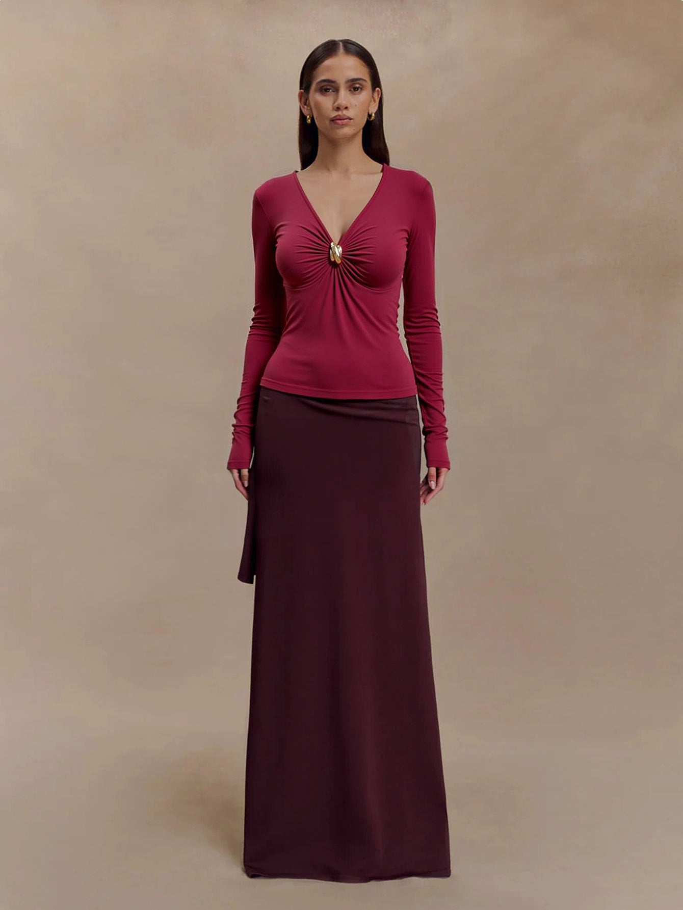 Maillard Pure Sexy Wine Red V neck T shirt Women Fall Winter Slim Inner Match Slimming Top