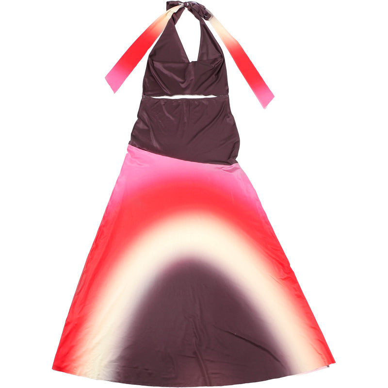 Women Clothing Spring Summer Color Contrast Printed Sexy Pile Collar Backless Dress Women