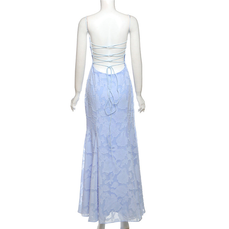 Spring Women Clothing French Sexy Elegant Boat Neck Backless Lace up Slim Strap Dress