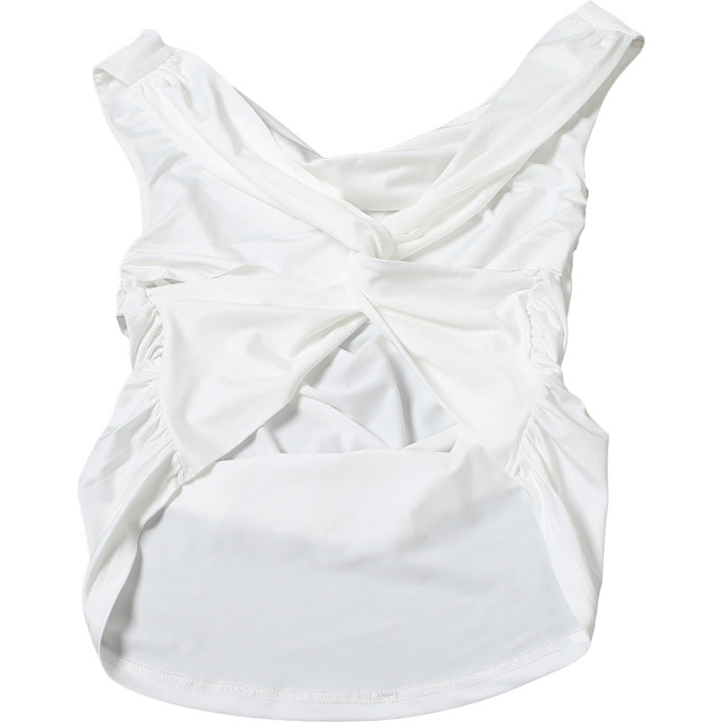 Spring Women Clothing Solid Color Sexy Pile Collar Backless Pleated Slim Vest for Women