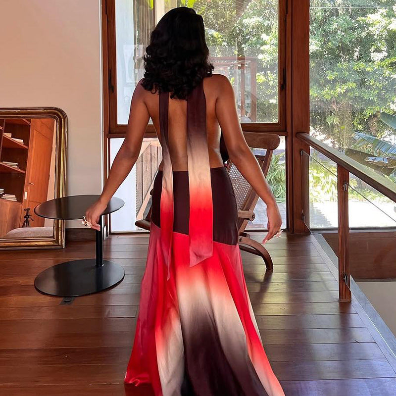 Women Clothing Spring Summer Color Contrast Printed Sexy Pile Collar Backless Dress Women