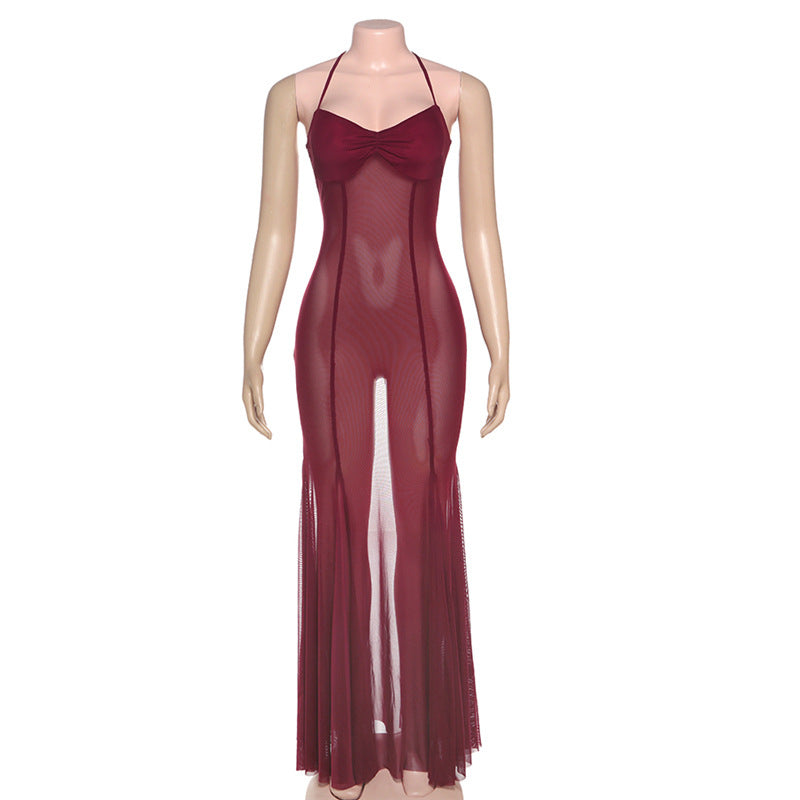 Women Clothing Spring Summer Sexy Mesh Solid Color See through Slim Halter Lace up Dress