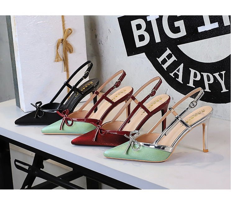 Bow Stiletto Heel High Heels Women Elegant High Grade Not Tired Feet Empty Back Strap Women Shoes