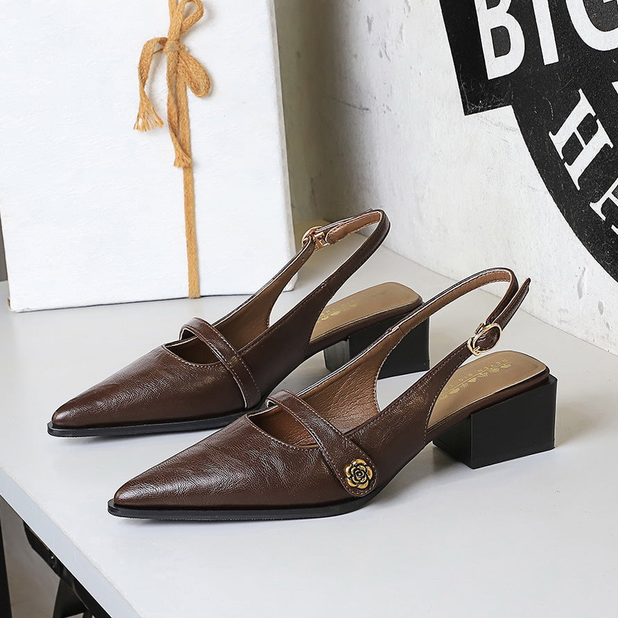 Retro Brown Camellia Pumps Word with Chunky Heel Low Heel Back Empty Back Strap Women Shoes