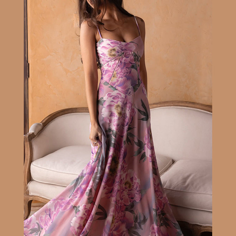 Spring Women Clothing French Sexy V neck Backless Slim Fit Floral Strap Dress