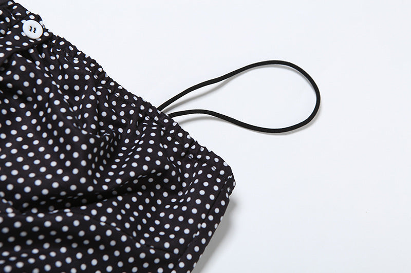 Spring Summer Women Clothing French Dot Sexy Button Slim Pleated Backless Sling Dress Women