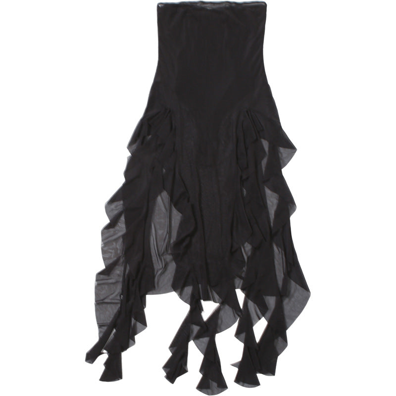 Spring Summer Women Mesh Sexy Personalized Irregular Asymmetric Slit Tassel Tube Top Jumpsuit Women