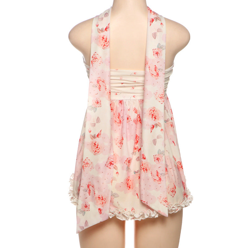 Spring Women Clothing Sexy Floral Printing Scarf Collar Irregular Asymmetric Tube Top Vest for Women