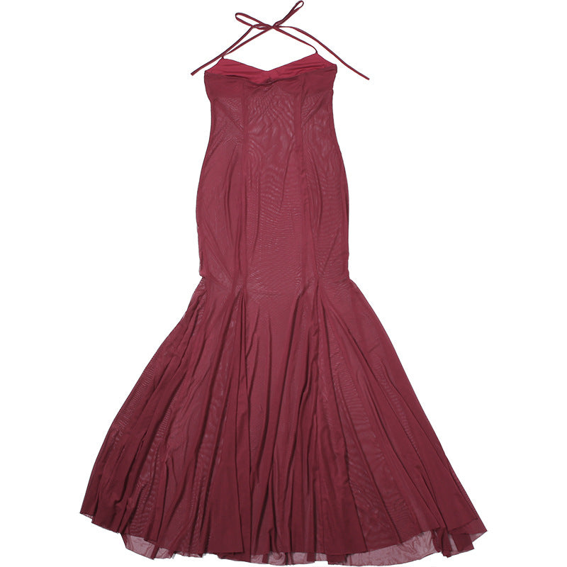 Women Clothing Spring Summer Sexy Mesh Solid Color See through Slim Halter Lace up Dress