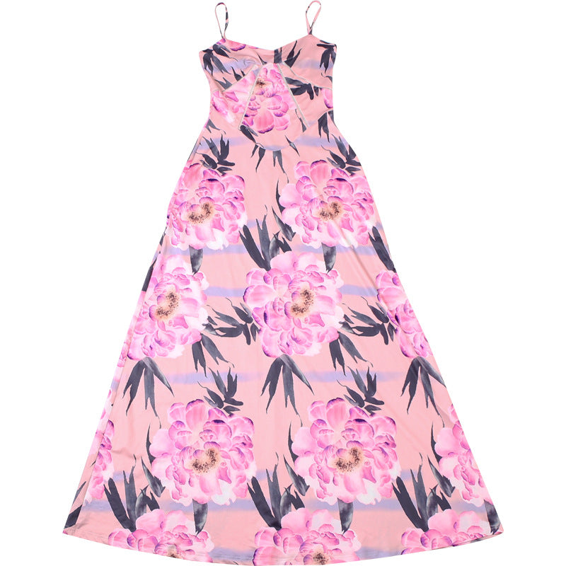 Spring Women Clothing French Sexy V neck Backless Slim Fit Floral Strap Dress