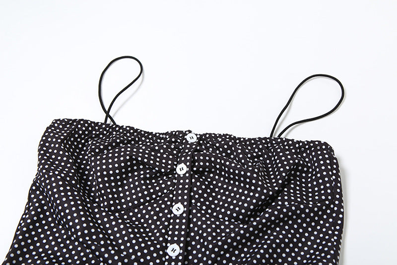 Spring Summer Women Clothing French Dot Sexy Button Slim Pleated Backless Sling Dress Women