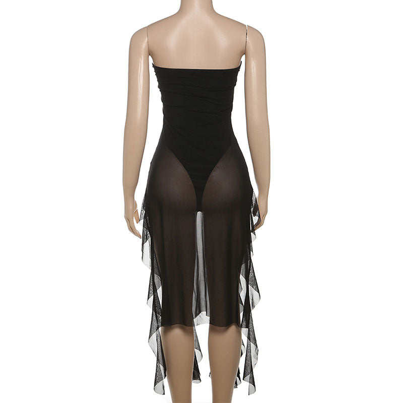 Spring Summer Women Mesh Sexy Personalized Irregular Asymmetric Slit Tassel Tube Top Jumpsuit Women