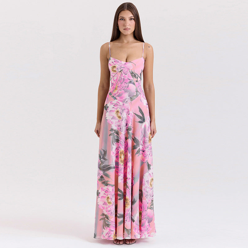 Spring Women Clothing French Sexy V neck Backless Slim Fit Floral Strap Dress