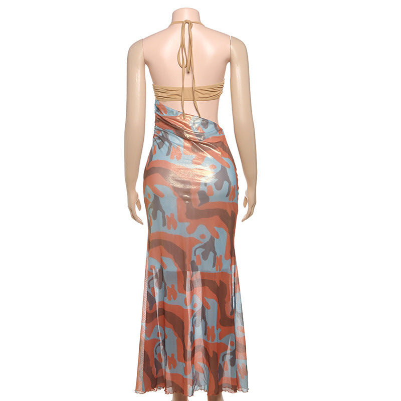 Spring Summer Women Clothing Sexy Bright Color Halter Lace up Slim Fit Hip Spaghetti Straps Dress