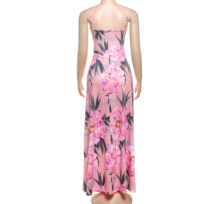 Spring Women Clothing French Sexy V neck Backless Slim Fit Floral Strap Dress