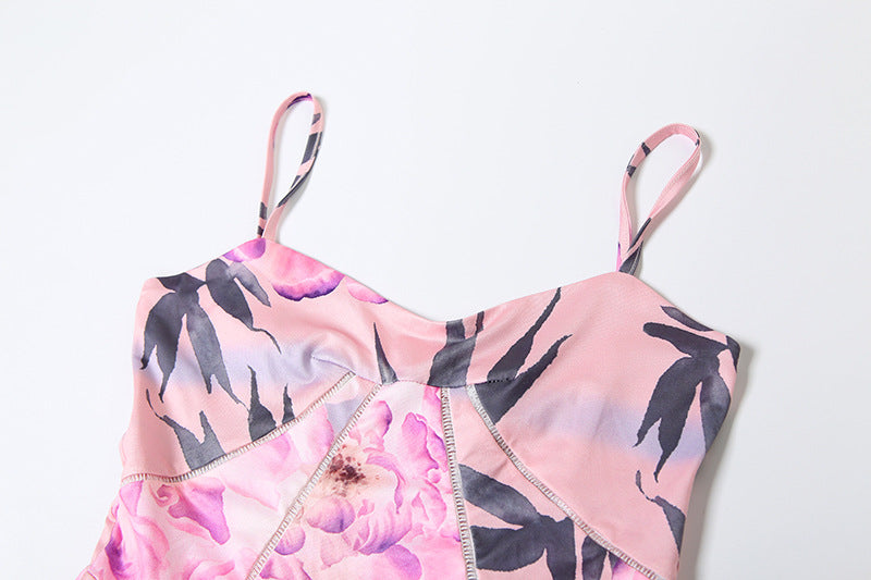 Spring Women Clothing French Sexy V neck Backless Slim Fit Floral Strap Dress
