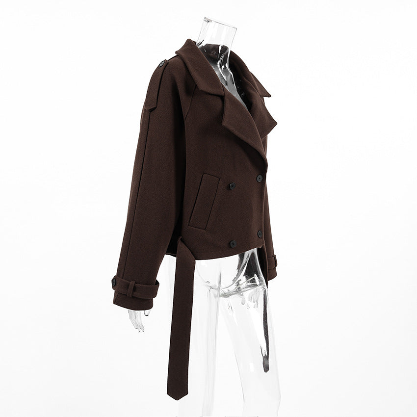 Autumn Winter Collared Elegant Double Breasted Woolen Coat Office Coat Women