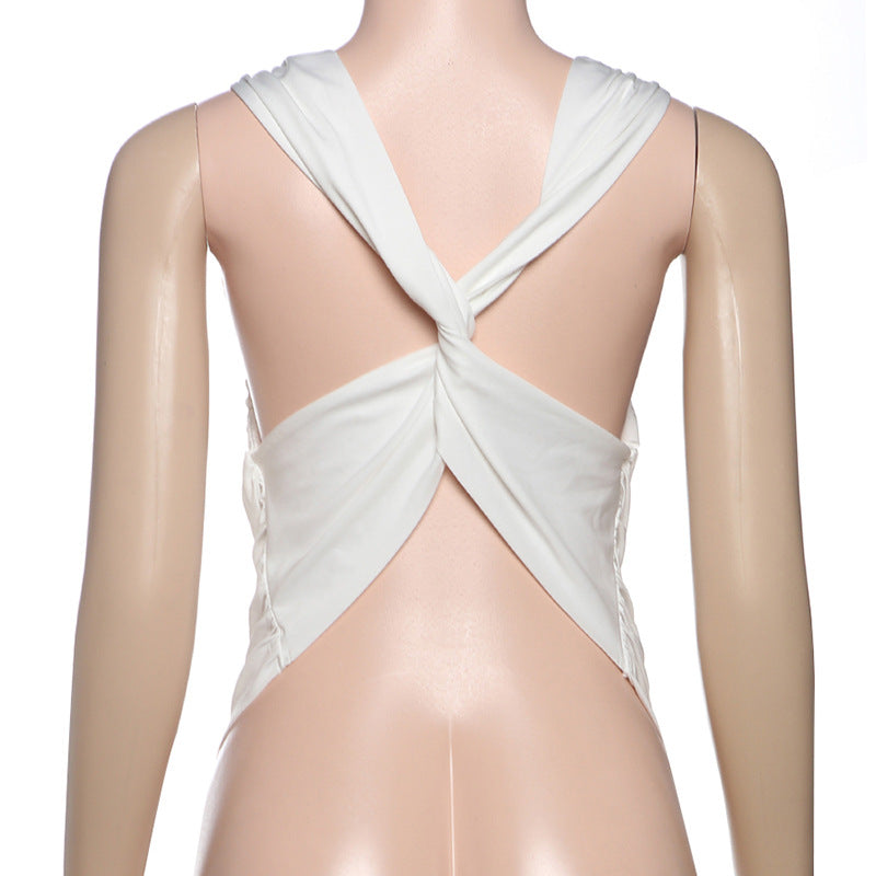 Spring Women Clothing Solid Color Sexy Pile Collar Backless Pleated Slim Vest for Women