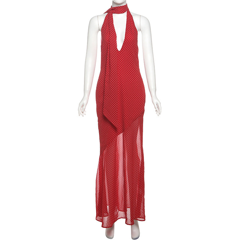 Spring Summer Women Clothing Sexy Polka Dot Halter Lace up Backless Slim Fit Scarf Collar Dress
