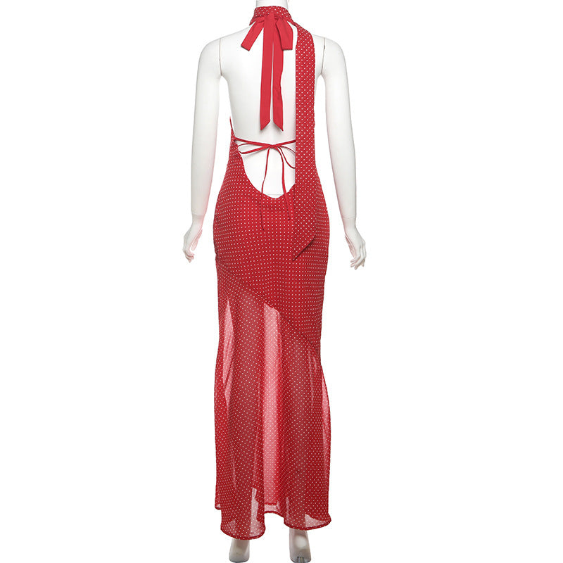 Spring Summer Women Clothing Sexy Polka Dot Halter Lace up Backless Slim Fit Scarf Collar Dress