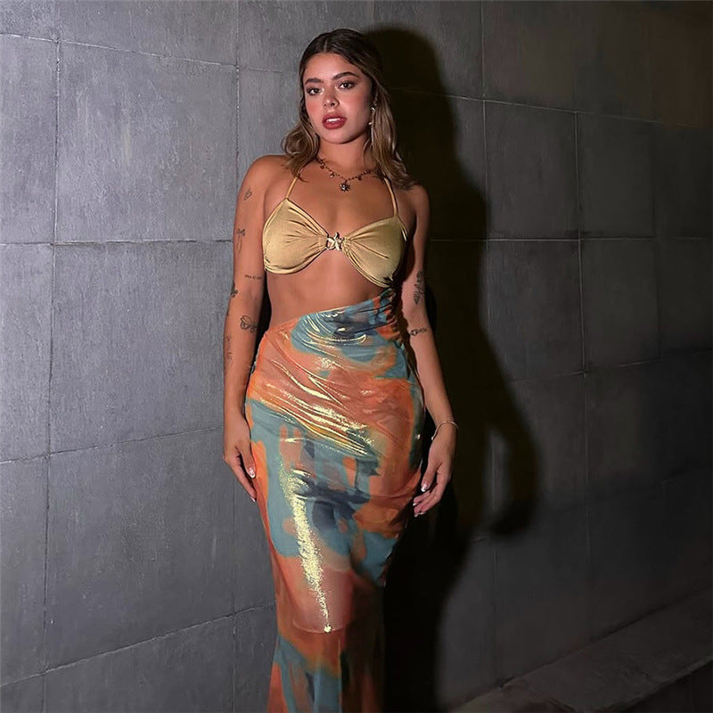 Spring Summer Women Clothing Sexy Bright Color Halter Lace up Slim Fit Hip Spaghetti Straps Dress