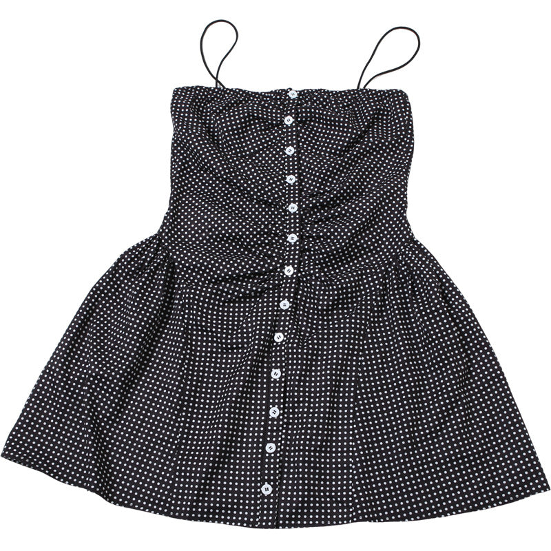 Spring Summer Women Clothing French Dot Sexy Button Slim Pleated Backless Sling Dress Women