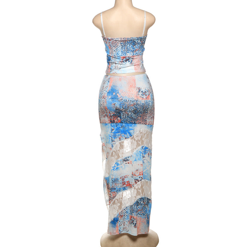 Women Clothing Spring Summer Personalized Printed Lace Splicing Sling Vest Sexy Slit Mid Length Skirt Two Piece Sets