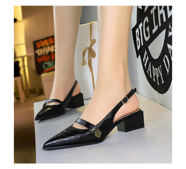 Retro Brown Camellia Pumps Word with Chunky Heel Low Heel Back Empty Back Strap Women Shoes
