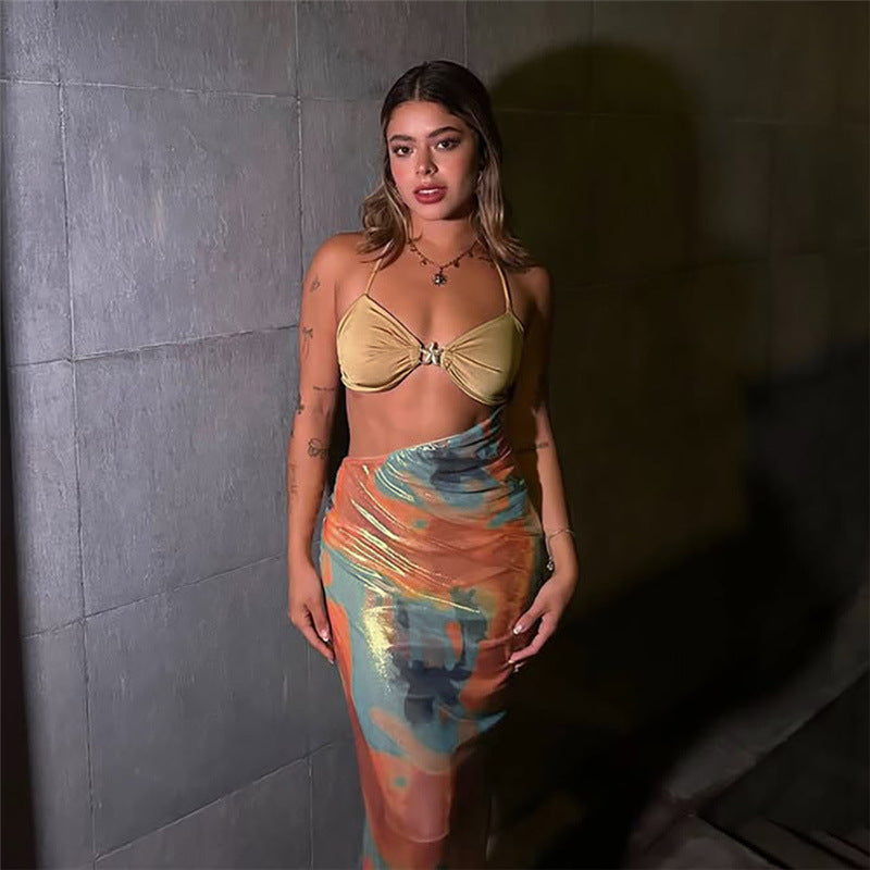Spring Summer Women Clothing Sexy Bright Color Halter Lace up Slim Fit Hip Spaghetti Straps Dress