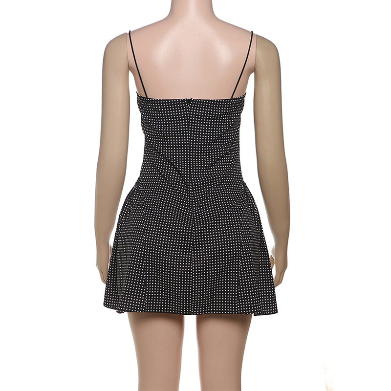 Spring Summer Women Clothing French Dot Sexy Button Slim Pleated Backless Sling Dress Women
