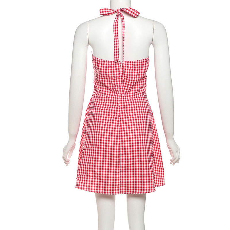 Summer Women Clothing Sexy Halter Contrast Color Slim Fit Slimming Lace up Plaid Dress