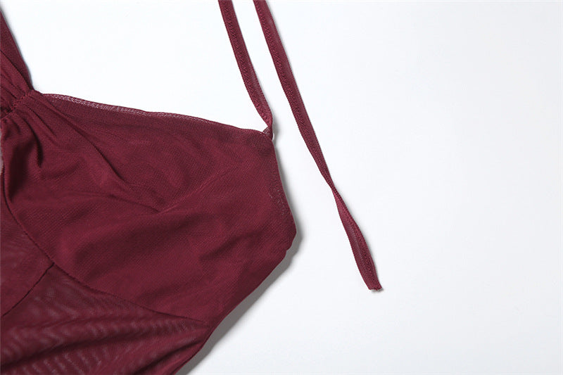 Women Clothing Spring Summer Sexy Mesh Solid Color See through Slim Halter Lace up Dress