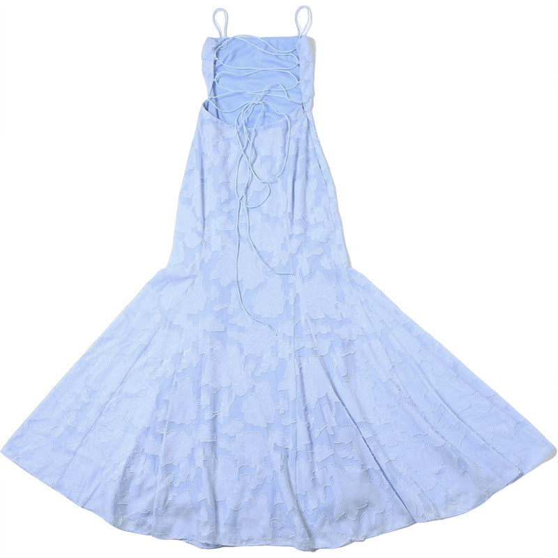 Spring Women Clothing French Sexy Elegant Boat Neck Backless Lace up Slim Strap Dress