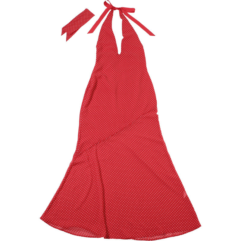 Spring Summer Women Clothing Sexy Polka Dot Halter Lace up Backless Slim Fit Scarf Collar Dress