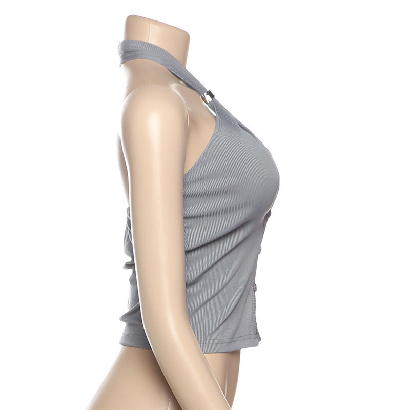 Spring Summer Women Clothing Personalized Button Design Sexy Backless Halter Hollow Out Cutout Slim Vest Women