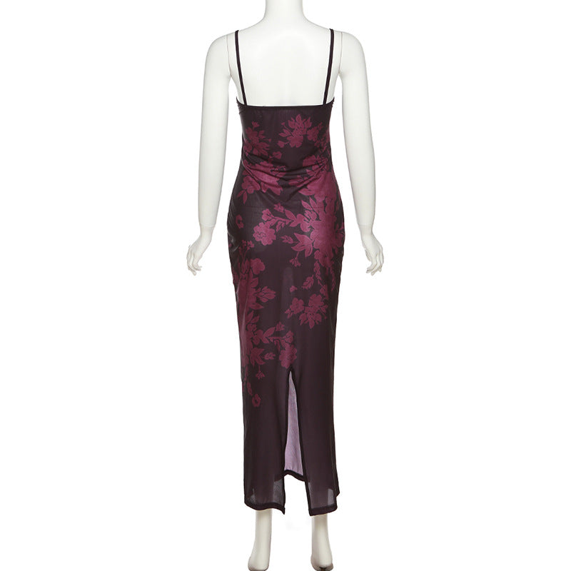 Spring Summer Women Sexy Strap Lace Slim Sheath Print Retro Dress