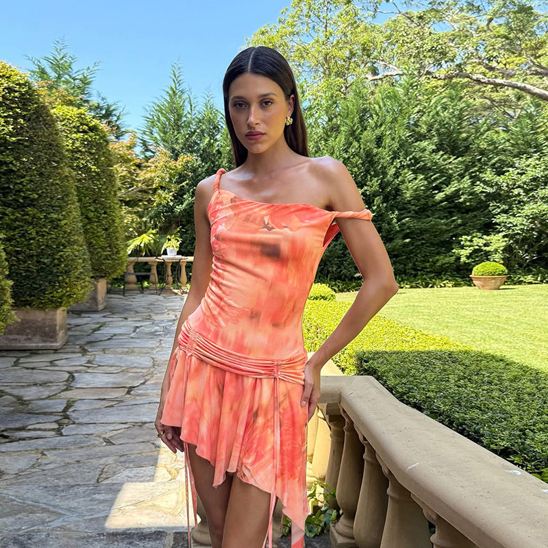 Spring Summer Women Clothing Personality Slant Shoulder Contrast Color Slim Fit Sexy Backless Sheath Print Dress
