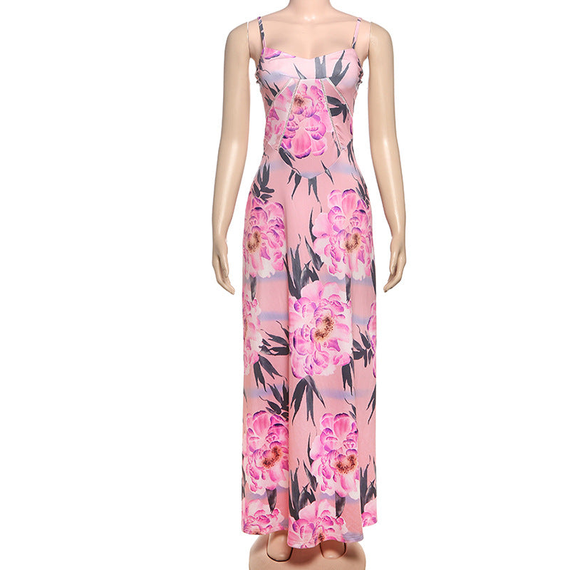 Spring Women Clothing French Sexy V neck Backless Slim Fit Floral Strap Dress