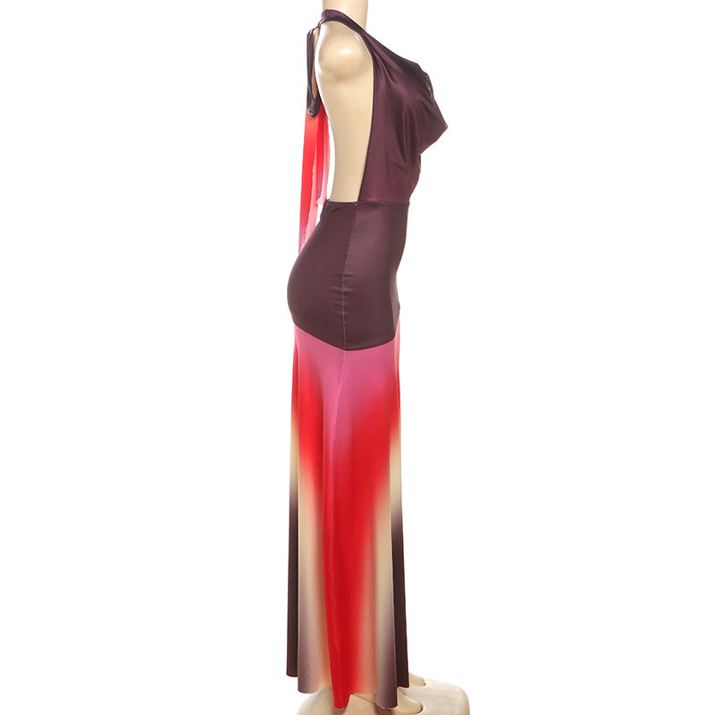 Women Clothing Spring Summer Color Contrast Printed Sexy Pile Collar Backless Dress Women