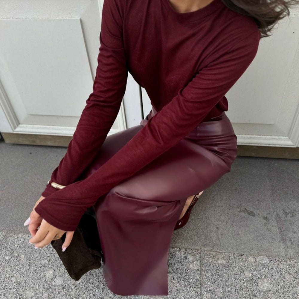 Faux Leather High-Slit Midi Skirt