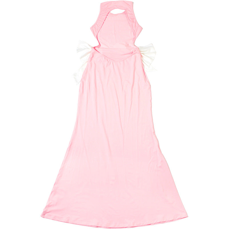 Spring Summer Women Clothing Sexy Sexy Slim Hollow Out Cutout round Neck Bowknot Backless Dress Women