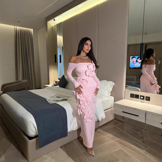 Spring Summer Middle East Elegant Sexy Sheath Three Dimensional Floral off Shoulder Long Sleeve Dress