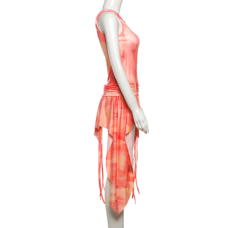 Spring Summer Women Clothing Personality Slant Shoulder Contrast Color Slim Fit Sexy Backless Sheath Print Dress