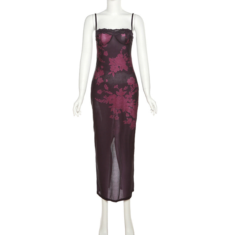 Spring Summer Women Sexy Strap Lace Slim Sheath Print Retro Dress