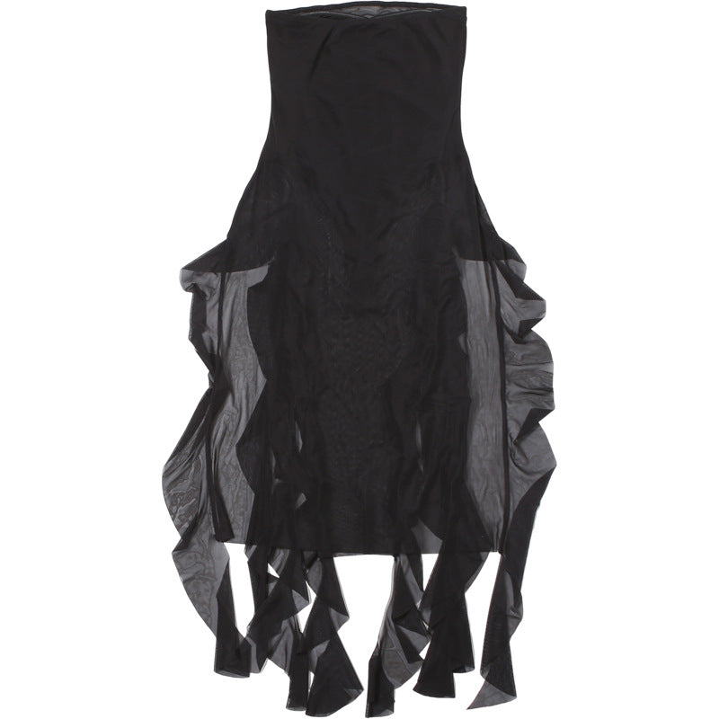 Spring Summer Women Mesh Sexy Personalized Irregular Asymmetric Slit Tassel Tube Top Jumpsuit Women