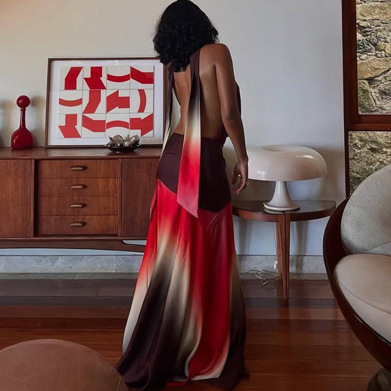 Women Clothing Spring Summer Color Contrast Printed Sexy Pile Collar Backless Dress Women