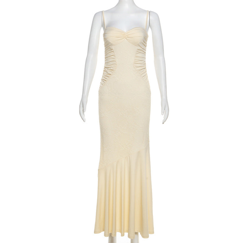 Spring Summer Women Lightly Mature Cami Dress Pure Sexy Lace Pleated Dress