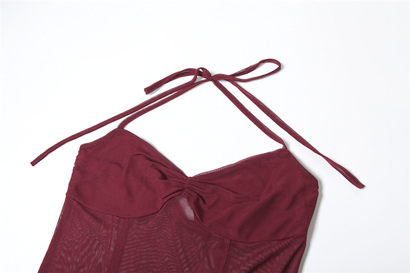 Women Clothing Spring Summer Sexy Mesh Solid Color See through Slim Halter Lace up Dress